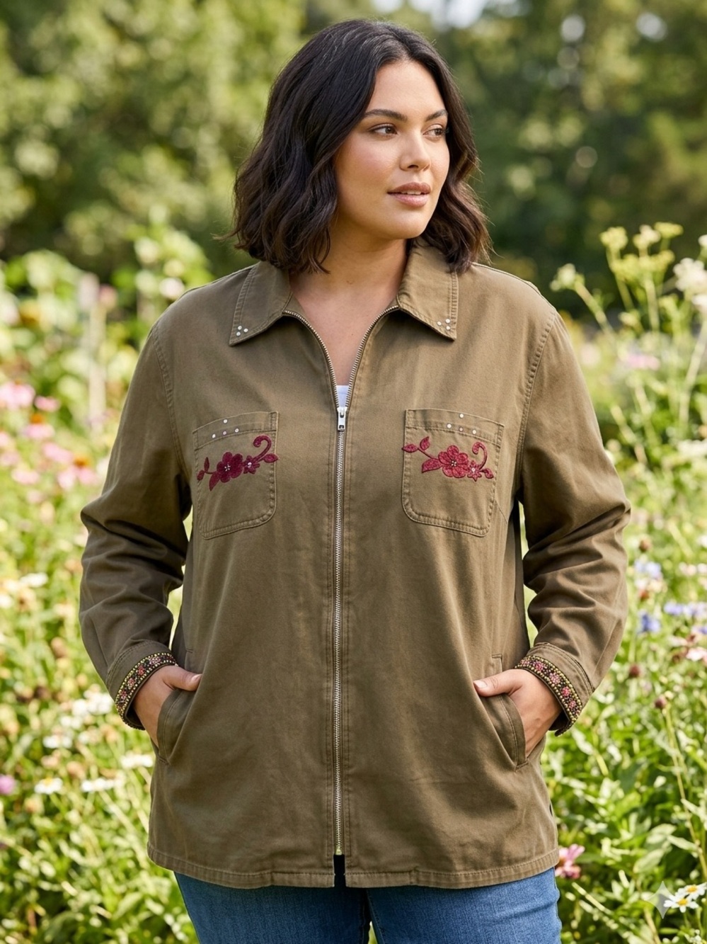 Denim&Co Olive Utility Jacket with Red Floral Embroidery, Plus Size 1X